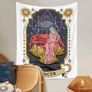 Macro detail of Cancer zodiac tapestry featuring mystical symbols and vibrant digital printing