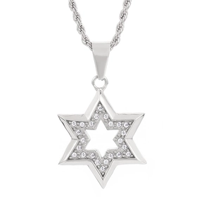 Hip hop silver hexagram star pendant necklace with cubic zirconia and rope chain