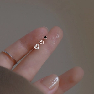Orecchini A Lobo Cuore Argento Fino S999 Zircone Scintillante Smalto Nero Lucidato Liscio Gioielli Minimalisti Donna