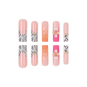 Exquisite 3D floral and leopard print coffin press-on nails with 10pcs assorted nail art