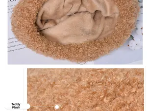 Close-up of soft brown teddy fleece lining and warm texture of the winter knit hat