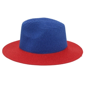 Detailed macro view showing the tight woven texture of red and blue straw Panama hat