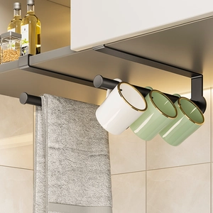 Black metal under-cabinet kitchen rack for mugs and towels with no-drill hanging design