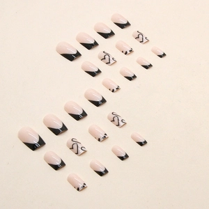 French tip press-on nails with black hearts, 24-piece medium square set for women