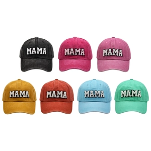 Multiple colors of washed cotton baseball caps with MAMA towel embroidery letters