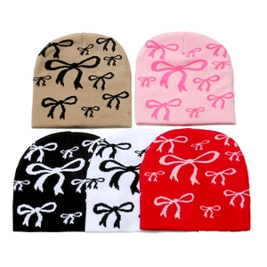 Bow Pattern Jacquard Beanie Hat Soft Warm Acrylic Knit Cap For Women Winter Outdoor Fashion Sweet Style