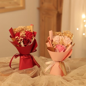 Mini soap rose bouquets with baby's breath and Love is Eternal ribbon in pink and red