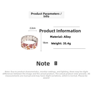 Tableau des tailles du bracelet en argent avec motifs floraux en émail rouge et orange