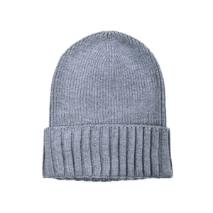 Close-up of light gray knit beanie showing rib-knit texture and wide folded cuff