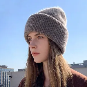 Women's thick rabbit hair knit beanie in grey for winter warmth and outdoor ear protection