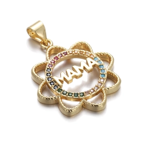 Gold plated MAMA flower pendant necklace with colorful gemstones on white background