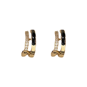 Elegant gold earrings with sparkling crystals and black enamel in a double-ring design