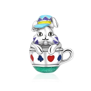 Detail of silver bunny in a playing card pattern teacup charm for jewelry making