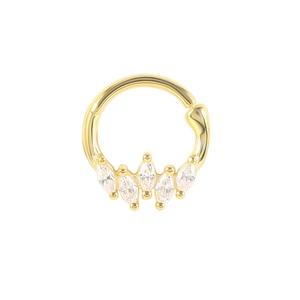 Detail of gold seamless hinged ring with five marquise-cut crystal clusters