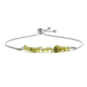 Detail view of adjustable silver box chain bracelet with natural green crushed stones