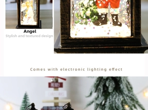 Macro detail of retro Christmas lantern featuring internal angel figurine and glittering snow