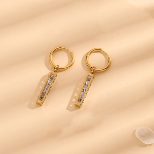 Elegant Stainless Steel Geometric Hoop Earrings For Women Luxury Cubic Zirconia Rectangular Pendant Gold Plated Jewelry
