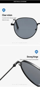 Macro detail of large round sunglasses featuring curved mirror design and strong hinges
