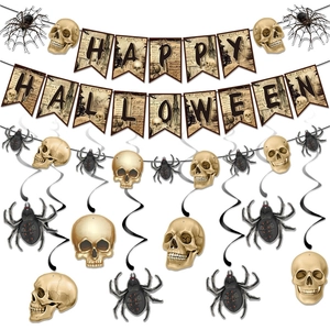 Halloween Hanging Swirls Skull Spider Banner Party Decorations Paper Garland For Haunted House Indoor Ceiling Decor