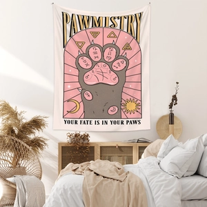 Cozy bedroom wall scene featuring Pawmistry cat tapestry with pink and grey design