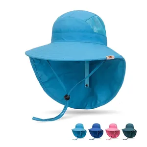 Kids Outdoor Sun Hat With Neck Flap Wide Brim Breathable Mesh Adjustable Windproof Quick Dry Bucket Cap