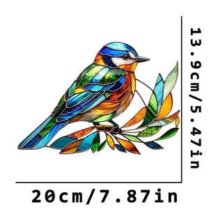Detailed dimensions of colorful stained glass bird ornament on a branch with height markings