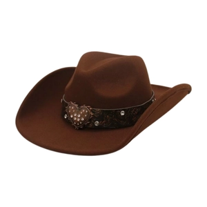 Detail view of deep brown wool western cowboy hat with heart-shaped metal buckle