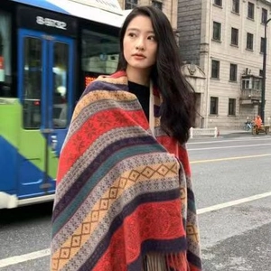Ethnic striped cashmere-like thick scarf with colorful geometric patterns and tassels