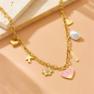 Gold stainless steel chain necklace with colorful enamel heart, bird and pearl charms
