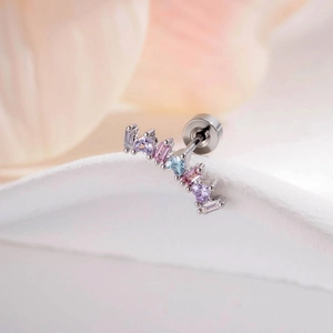 Curved ear cartilage piercing stud with purple pink heart zircon and flat back