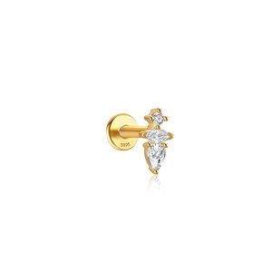 Macro view of gold 925 sterling silver cartilage stud with three clear marquise stones
