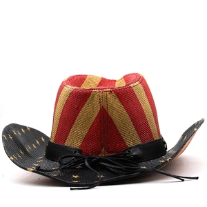 Detailed macro view of woven straw cowboy hat with American flag stars and stripes pattern