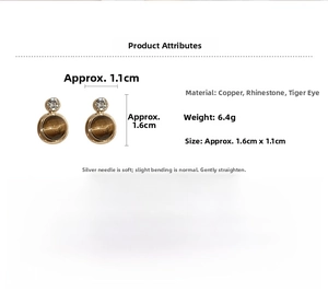 Macro view of vintage round earrings showing 1.6cm dimensions and tiger eye stone details