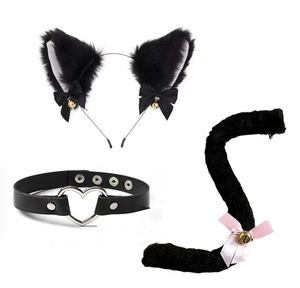 Detailed set of plush black cat ears, heart choker and tail for cosplay costumes