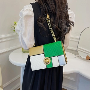 Stylish color-block crossbody handbag with gold chain strap and quilted leather texture