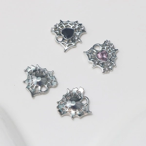 Silver spider web heart pendant with pink and black rhinestones for DIY jewelry making
