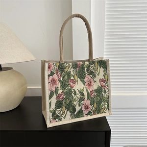 Vintage Floral Jacquard Tote Bag For Women Large Capacity Linen Canvas Handbag Aesthetic Pastoral Shoulder Bag Inner Zipper Pocket
