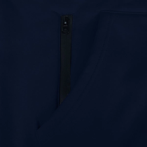 Detailed macro view of the navy blue hoodie featuring a secure functional zipper pocket