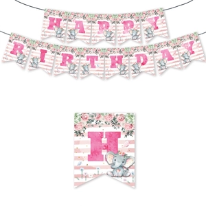Detailed view of pink elephant happy birthday banner with size measurements in 16x20cm