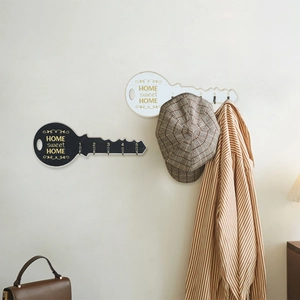 European vintage key-shaped wooden wall rack with five metal hooks for home entryway decor