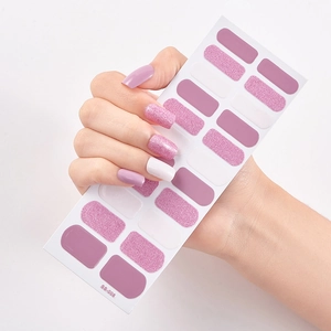 Detail view of pink and glitter self-adhesive nail stickers model SS-008 on white background