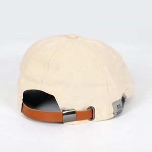 Japanese style beige canvas duckbill beret hat with adjustable brown leather strap back view