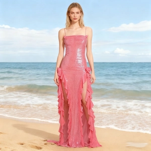 Sexy Pink Sequin Maxi Dress With Spaghetti Straps High Slit And Ruffle Flower Decoration For Evening Party Women