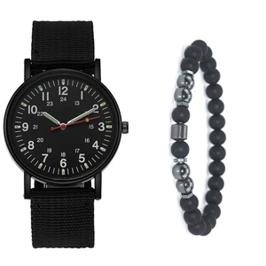 Men's minimalist quartz watch set with black nylon strap and beaded bracelet ensemble