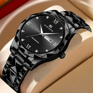 Men's black quartz watch with faceted bezel, rhinestone markers, and day-date display