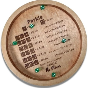 Classic wooden Farkle dice tray with engraved scoring rules and green dice set
