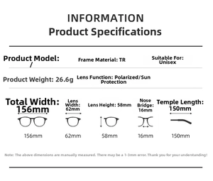 Detailed size chart for oversized sunglasses showing dimensions of TR frame and polarized lens