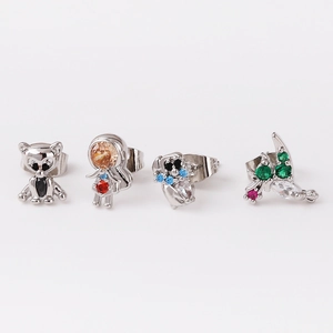 Cute cubic zirconia stud earrings set featuring bear and astronaut designs for women