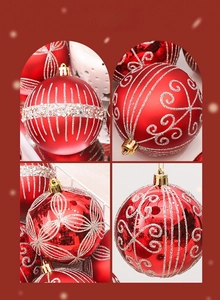 Vue détaillée de boules de Noël rouges de 8cm avec motifs argentés peints à la main