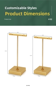 Detail view of gold T-bar earring display stands with square bases in two heights